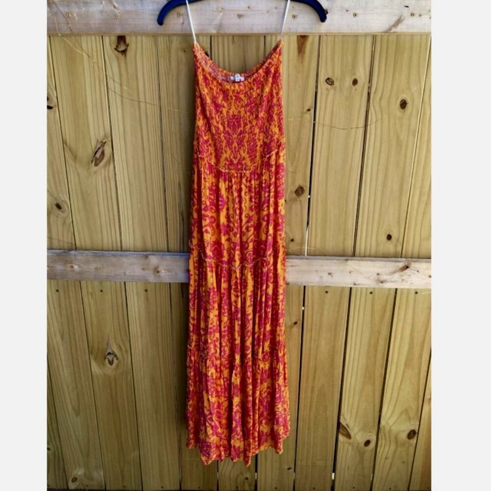 Anthro Abel The Label Bondi Dress Maxi Strapless Smocked Tiered Orange Pink Med